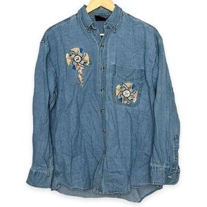 Vintage Aztec Print Thin Denim Flannel Shirt
